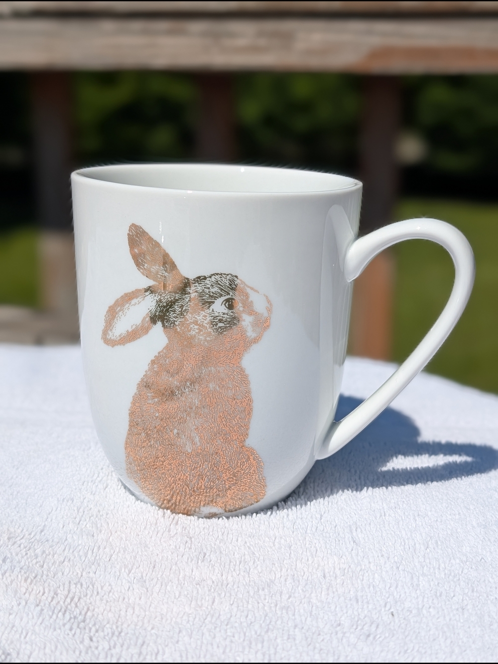 Pier 1 White Ceramic Mug with Gold Bunny